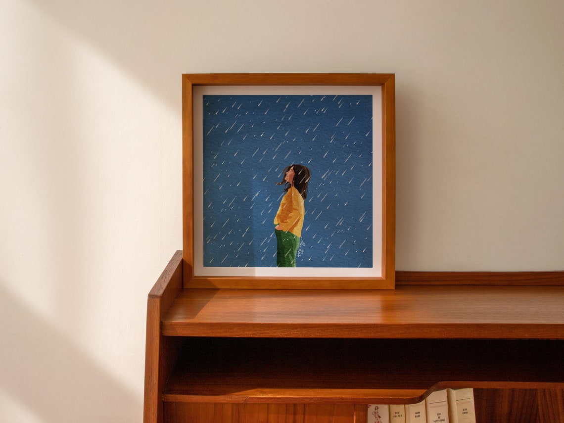 Peaceful Woman Standing in Blue Rain Finding Happiness Art Poster - Image 2