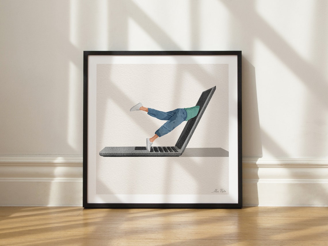 Diving Headfirst Into a Giant Laptop Work From Home Humor Poster - Image 3