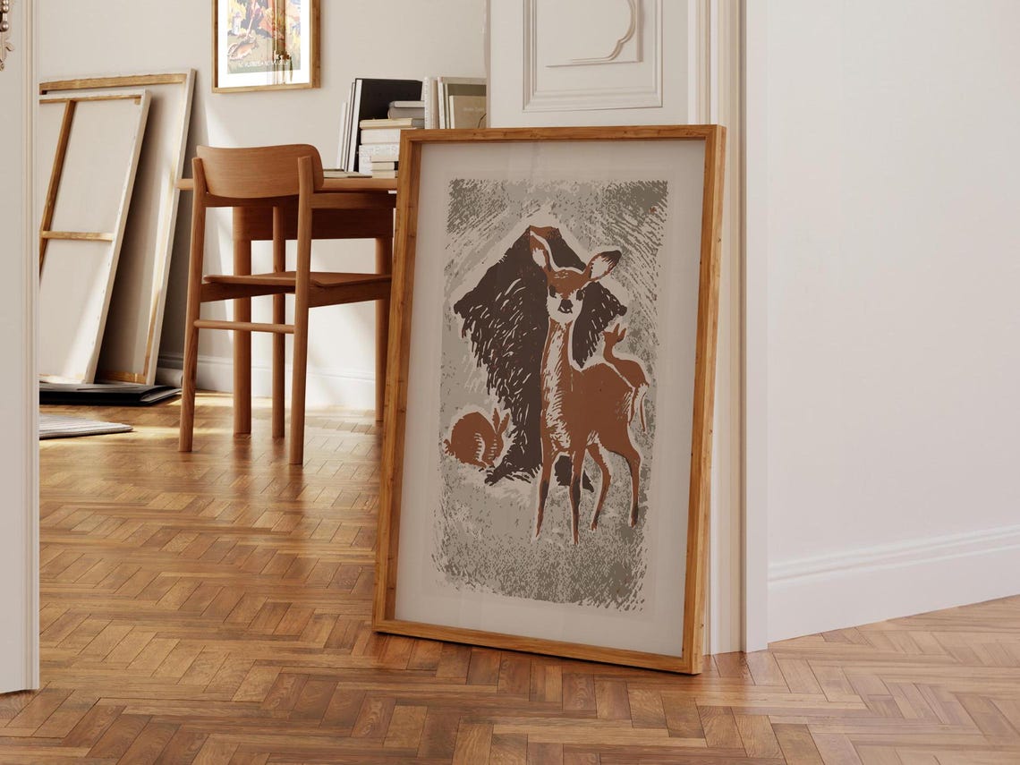 Deer and Rabbit in Snow Woodcut Style Woodland Winter Art Poster - Image 2