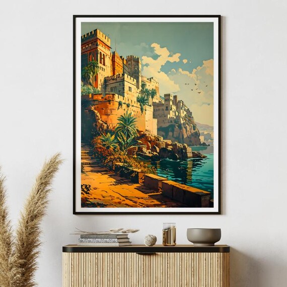 Casablanca Morocco Cliffside Kasbah by the Sea Retro Travel Poster