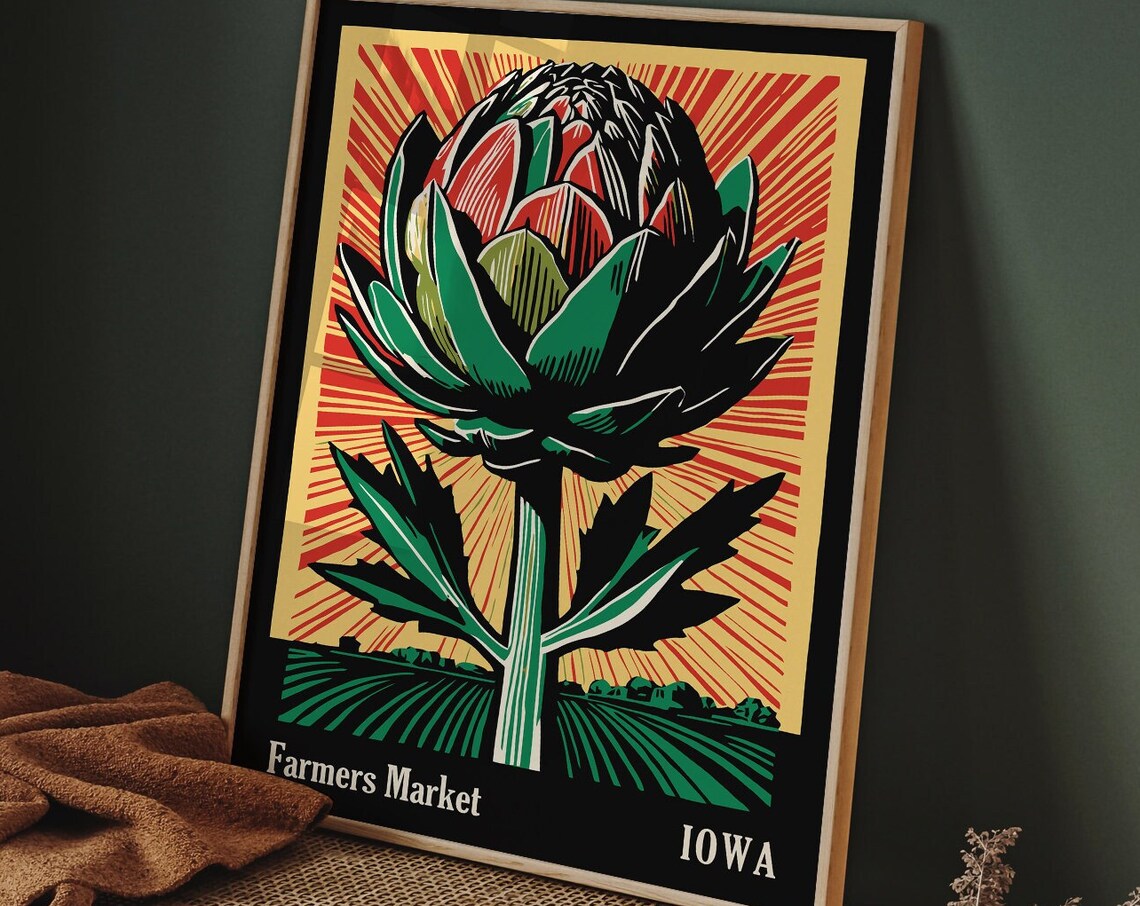 Iowa Farmers Market Artichoke Sunburst Linocut Kitchen Poster