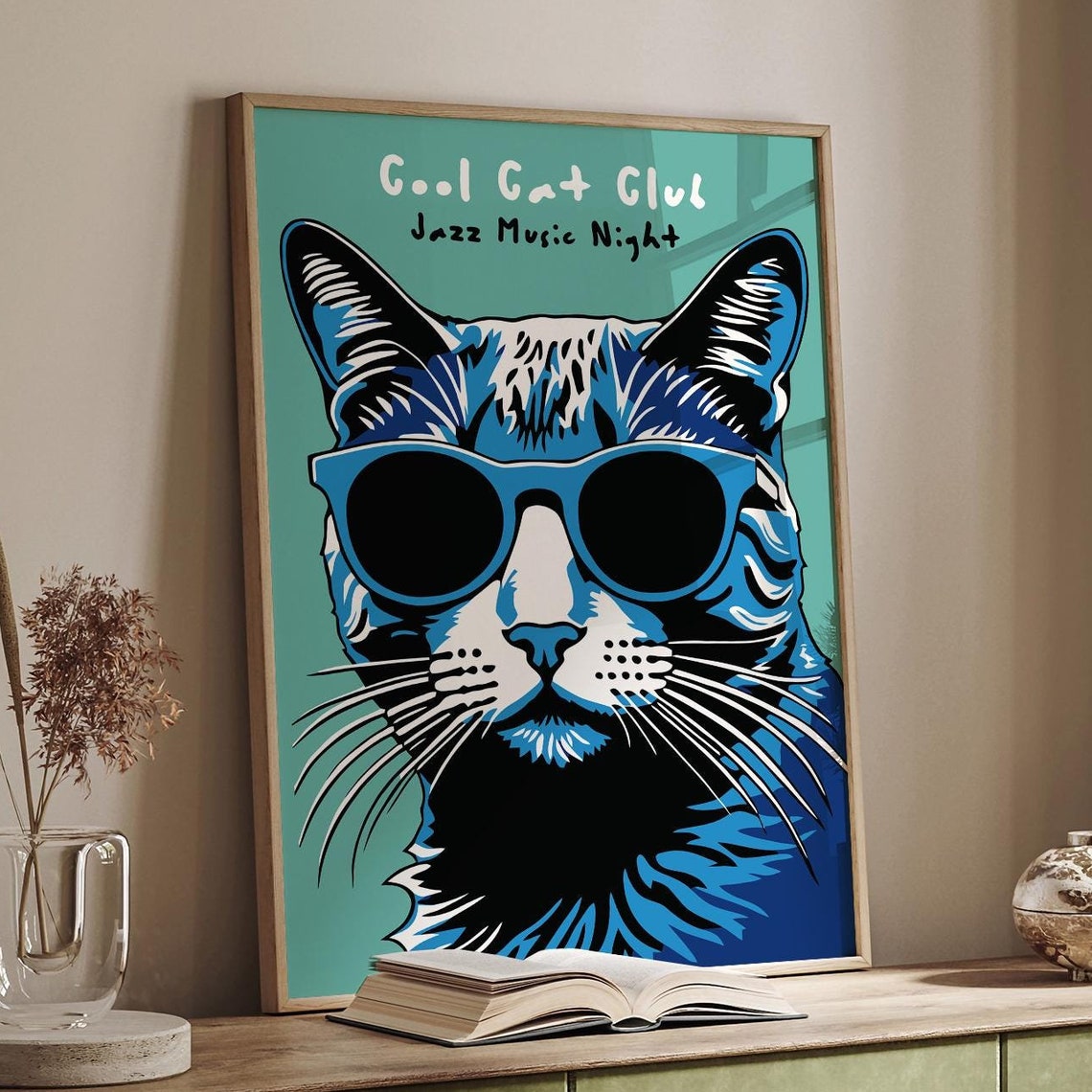 Cool Cat Club Jazz Music Night Blue Cat Sunglasses Fun Poster