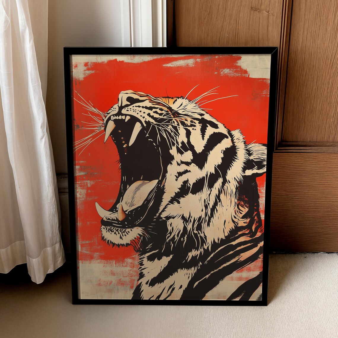 Red And Black Japanese Tiger Print Gift For Lover Asian Wall Art Poster