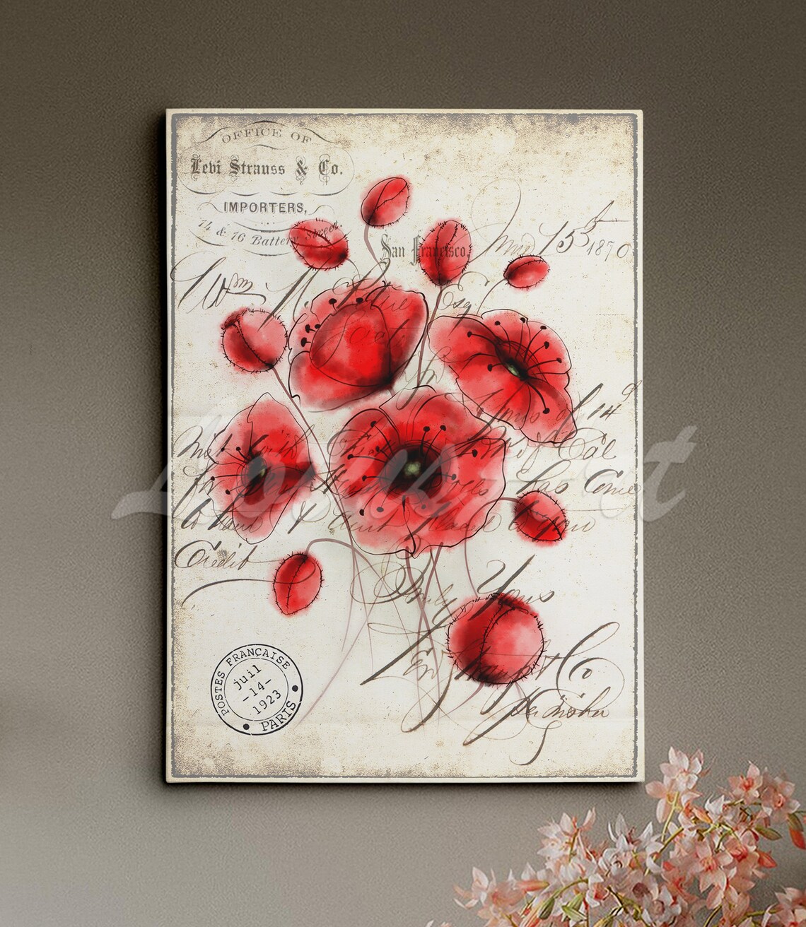 Red Poppies Vintage French Letter Botanical Floral Wall Poster