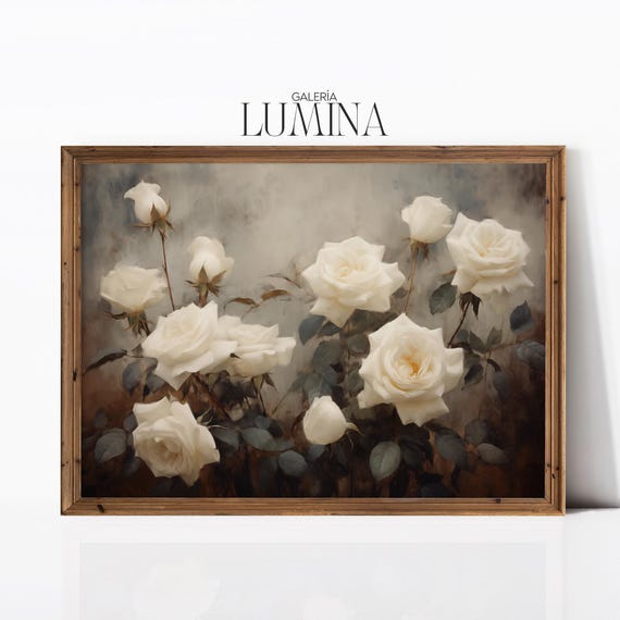 Vintage White Roses Oil Painting Antique Floral Still Life Painting Moody White Flowers Rustic Print Art Frame Tv Art 916