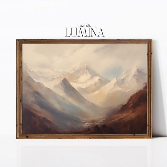 Vintage Mountains Oil Painting Muted Mountain Antique Landscape Artwork Rustic Nature Scenery Print Art Frame Tv Art 912
