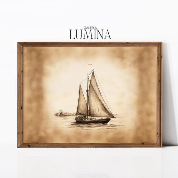 Vintage Sailboat Charcoal Drawing Sepia Tones Nautical Sketch Rustic Sailing Boat Illustration Art Frame Tv Art 917