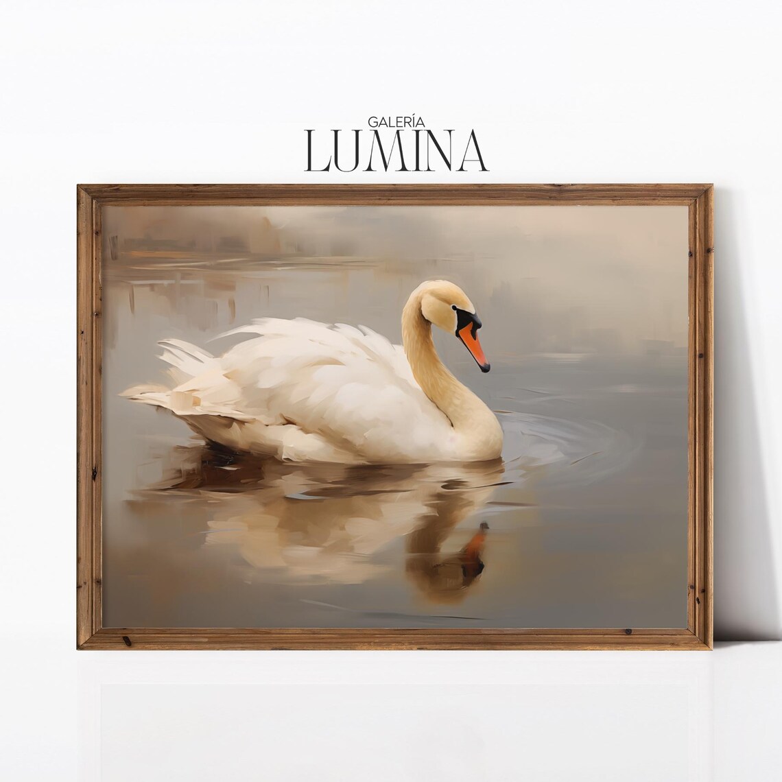 White Swan on Misty Water Minimalist Oil Painting Art Poster
