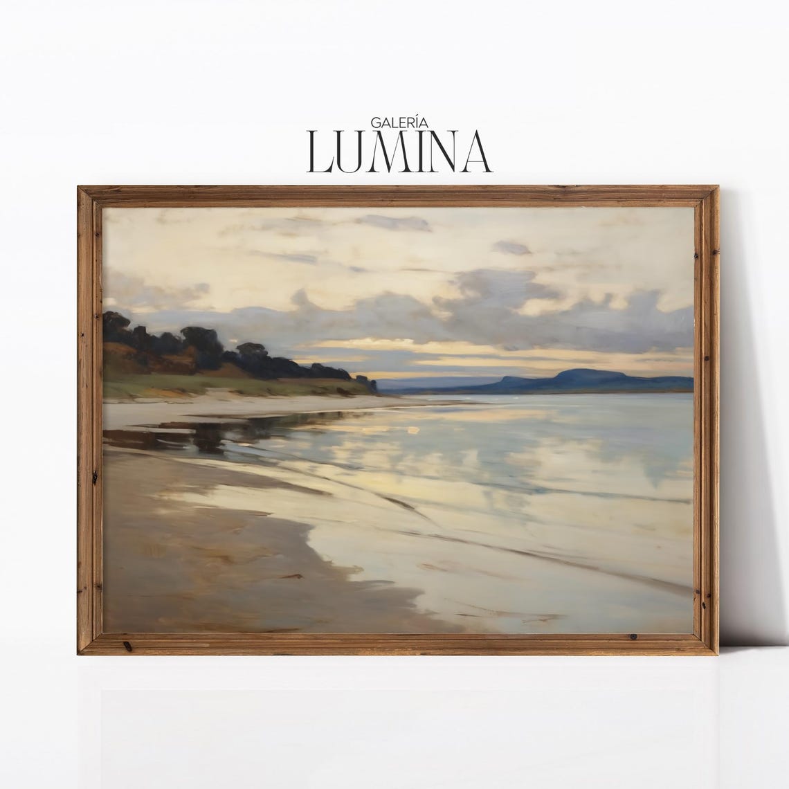 Vintage Tranquil Beach Shoreline Oil Painting Reflection Sea Poster