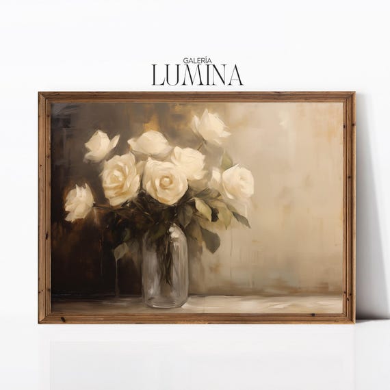 Vintage White Roses In Vase Oil Painting Antique Floral Still Life Print Moody Rose Bouquet Painting Art Frame Tv Art 922
