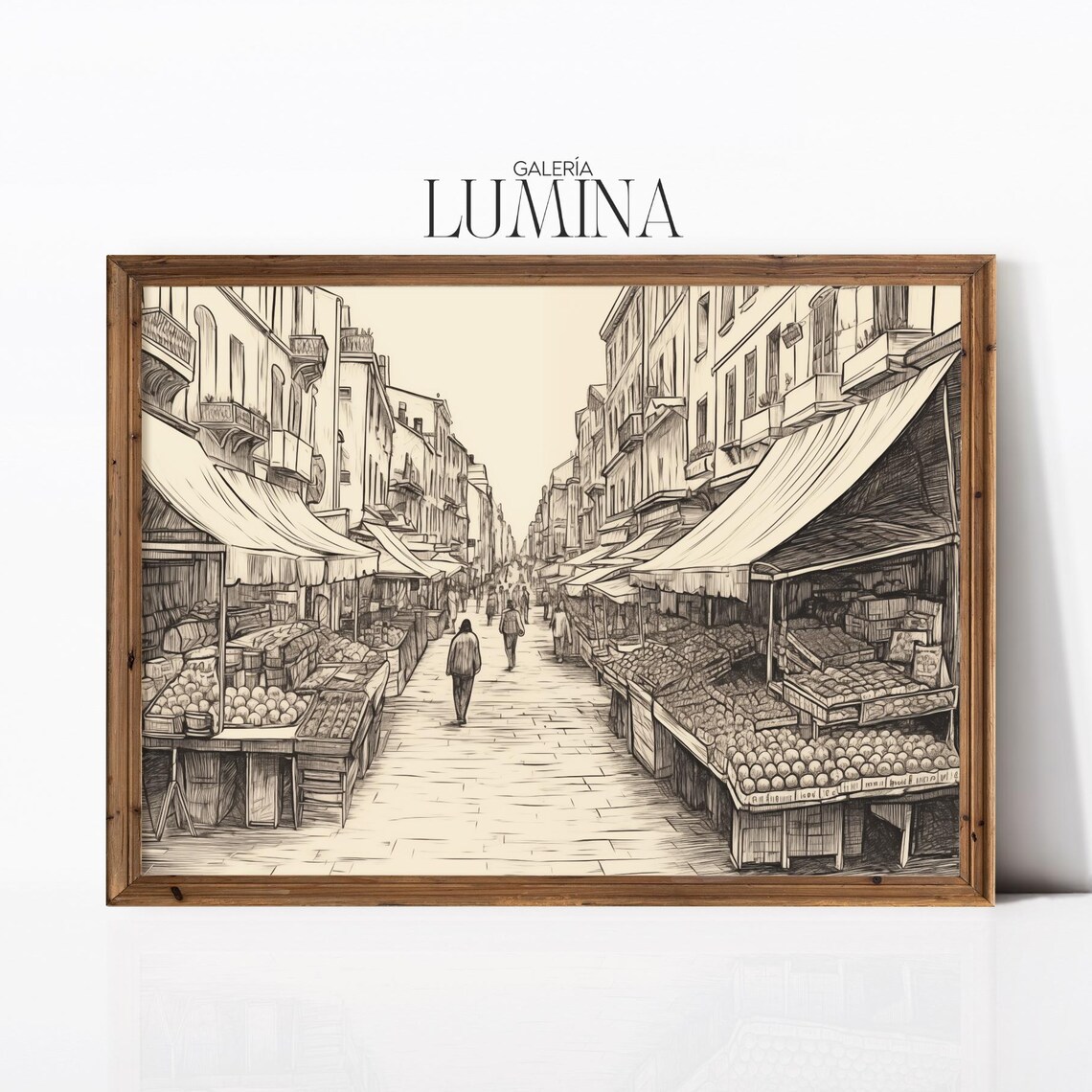 Vintage European Street Market Sketch Fruit Stalls Sepia Poster