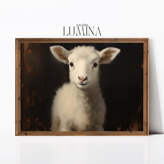 Dark Moody White Lamb Oil Painting Farm Animal Print Baby Sheep Painting Rustic Nursery Lamb Artwork Art Frame Tv Art 978