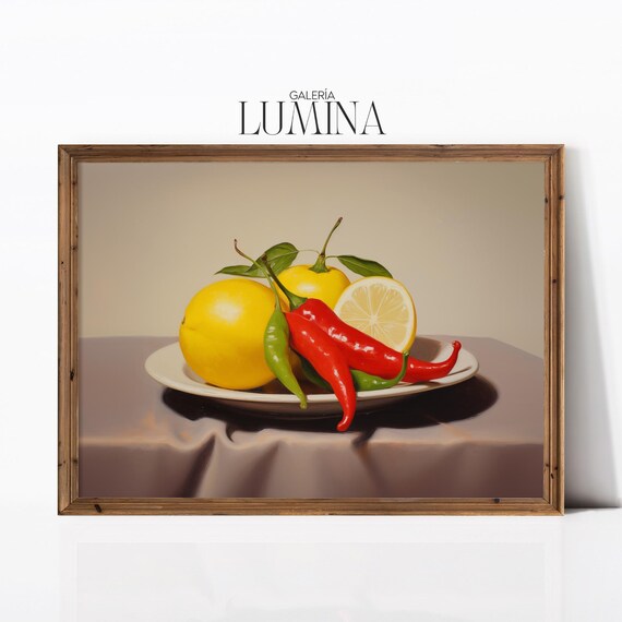 Lemon And Chilli Peppers Oil Painting Kitchen Wall Art Citrus And Spicy Pepper Still Life Artwork Art Frame Tv Art 953
