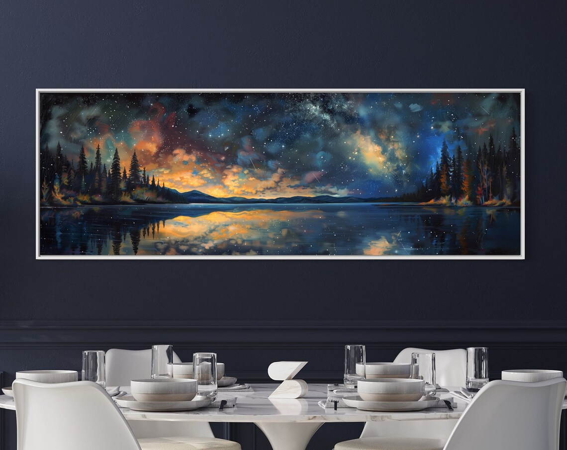 Starry Night Over the Lake, Panoramic Art Print