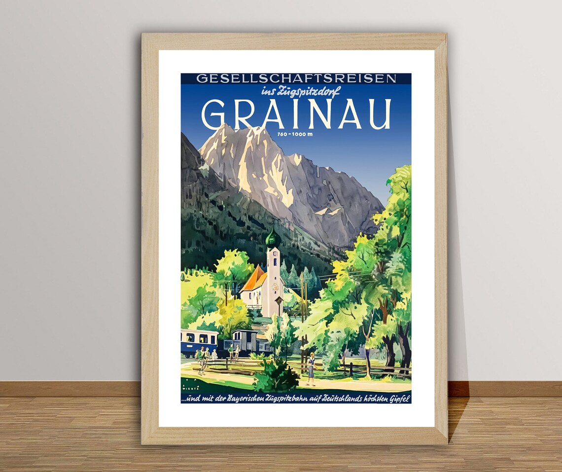 Grainau Zugspitze Mountain Village Church Train Vintage Travel Poster