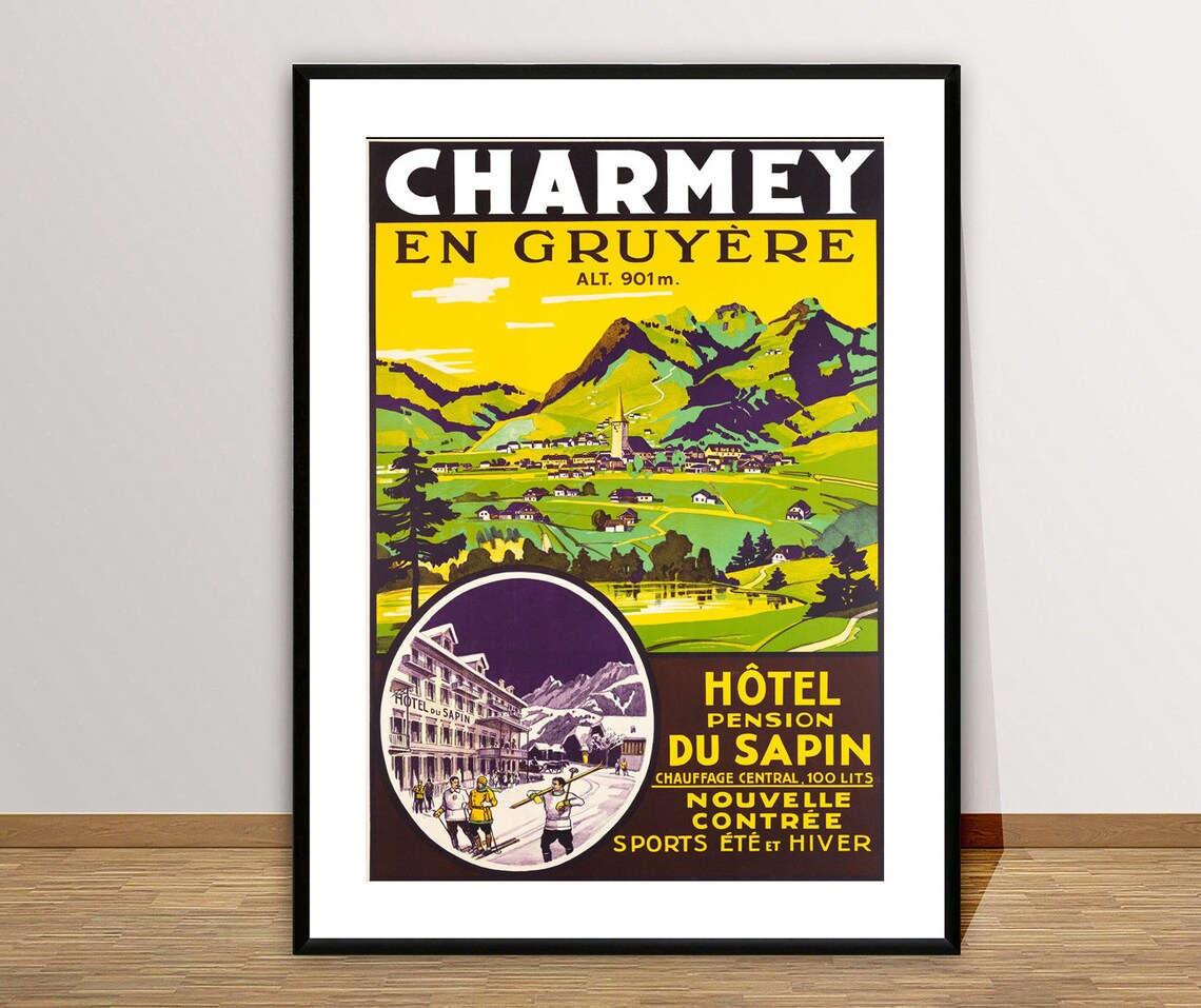Charmey En Gruyere Switzerland Hotel Du Sapin Alpine Village Vintage Travel Poster - Image 3