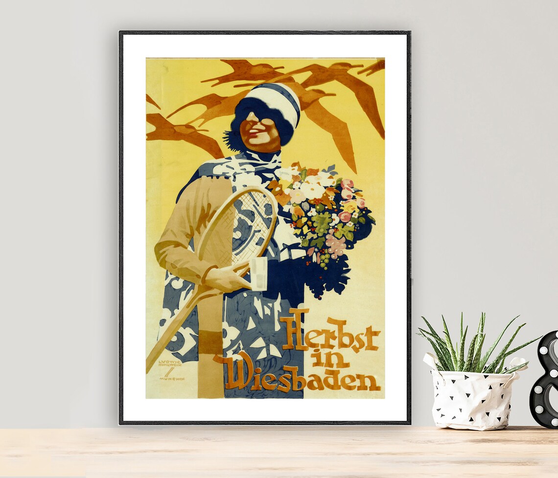 Herbst in Wiesbaden Autumn Vintage German Woman Tennis Poster
