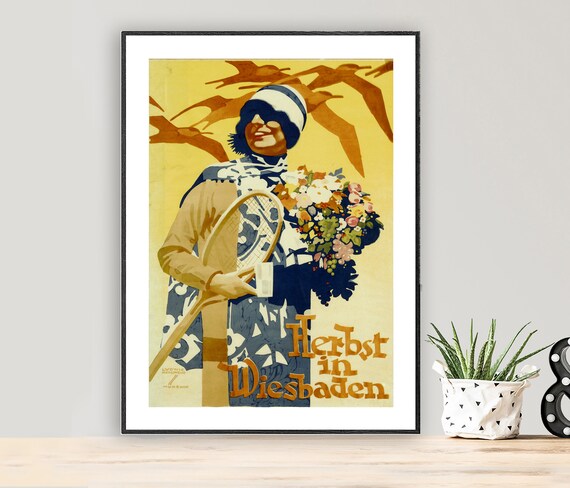Herbst in Wiesbaden Autumn Vintage German Woman Tennis Poster
