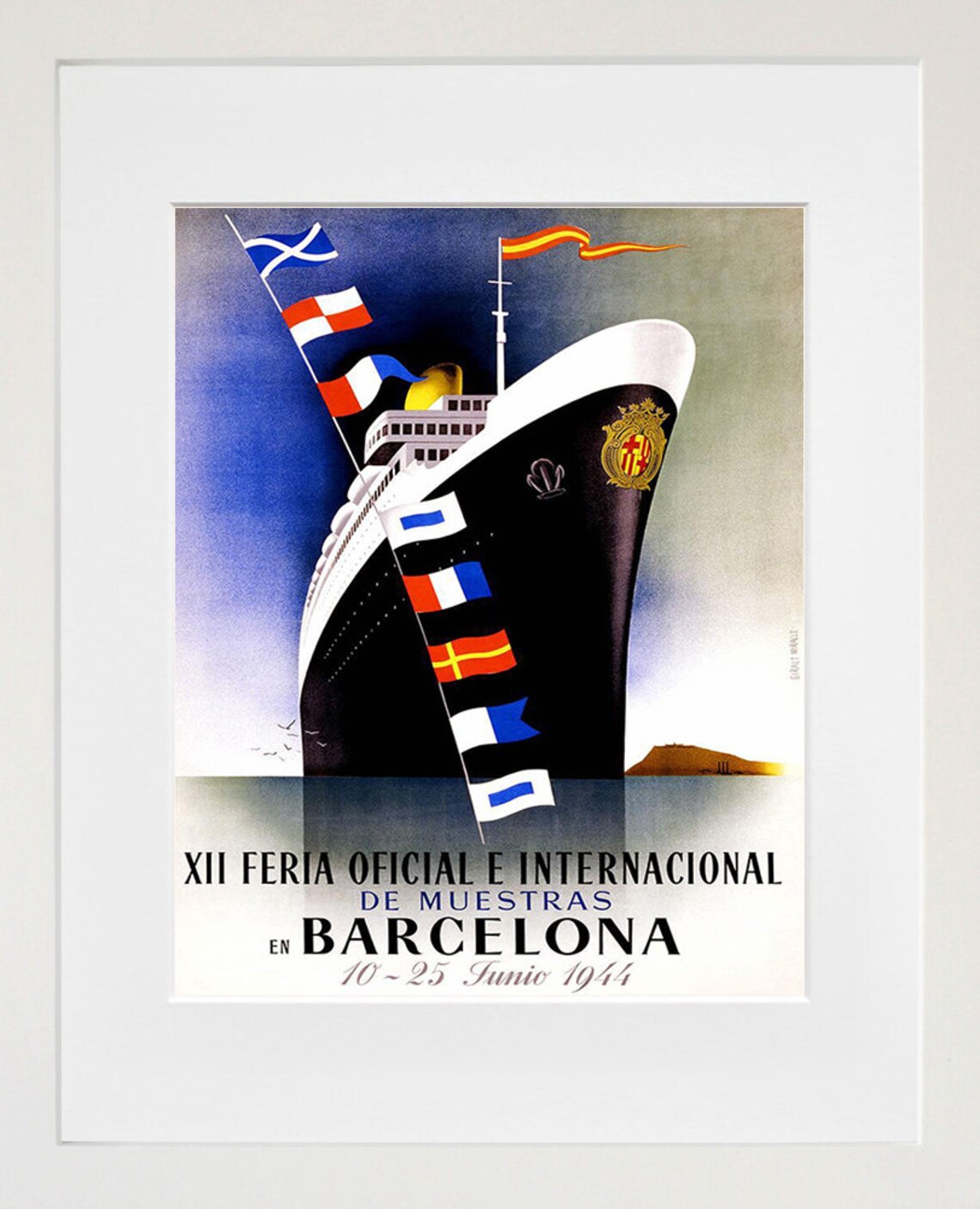 Barcelona 1944 Ocean Liner Trade Fair Flags Vintage Travel Poster