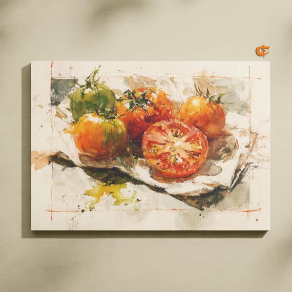 Rustic Heirloom Tomato Watercolor Vintage Farmhouse Still Life Art Kitchen Decor Earthy Food Painting Wall 1022