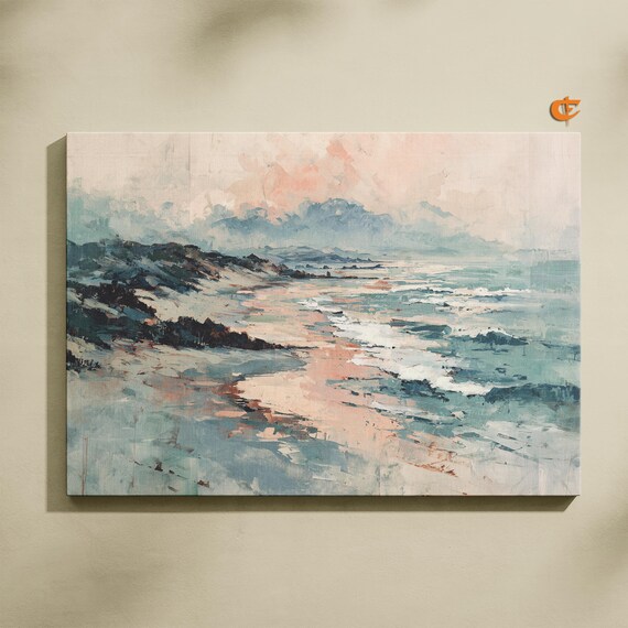 Misty Shoreline Pastel Ocean View Rocky Coast Tranquil Waves Art Poster
