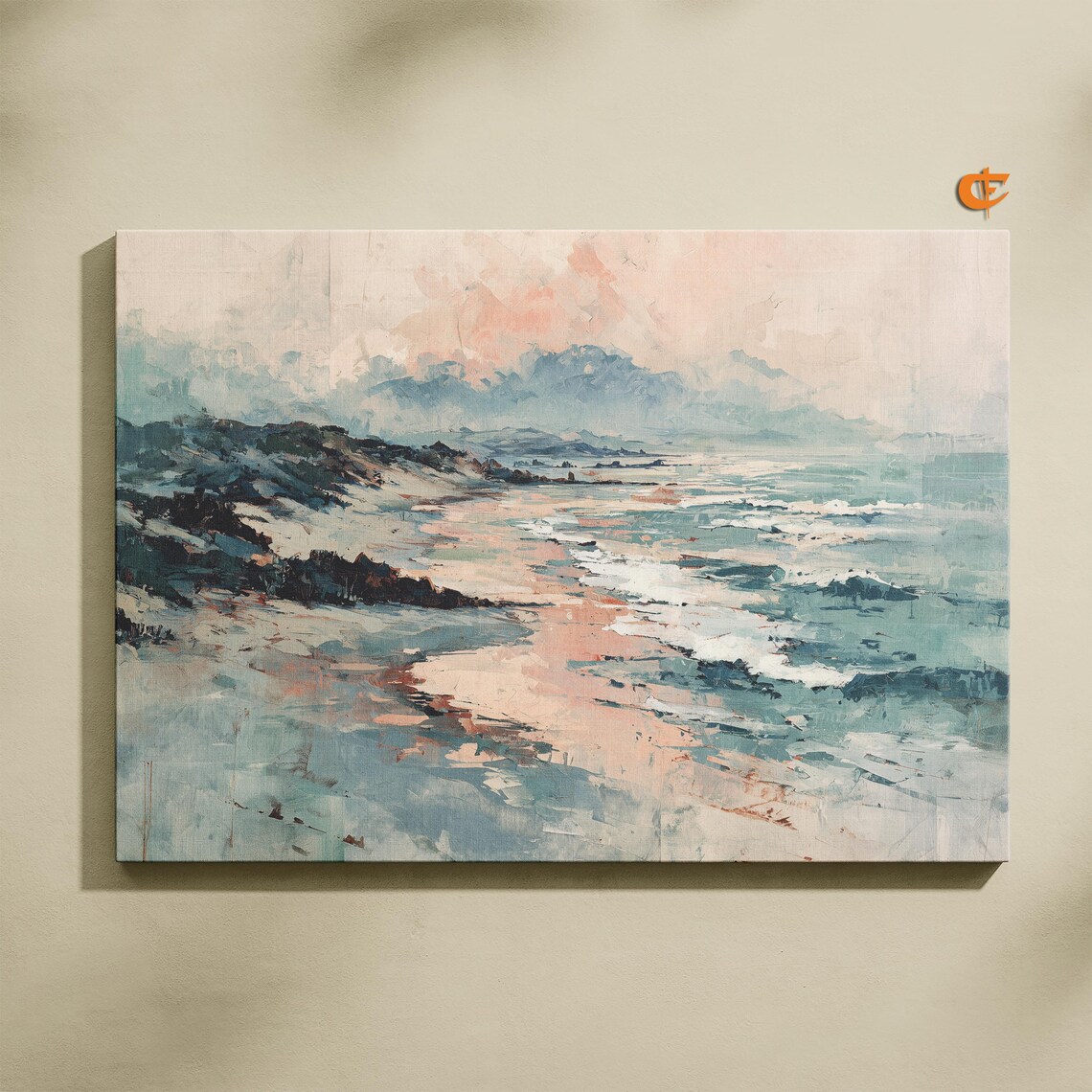 Misty Shoreline Pastel Ocean View Rocky Coast Tranquil Waves Art Poster