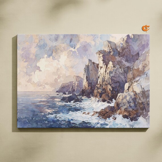 Pastel Sea Cliffs Rugged Coastal Rocks Crashing Waves Watercolor Poster