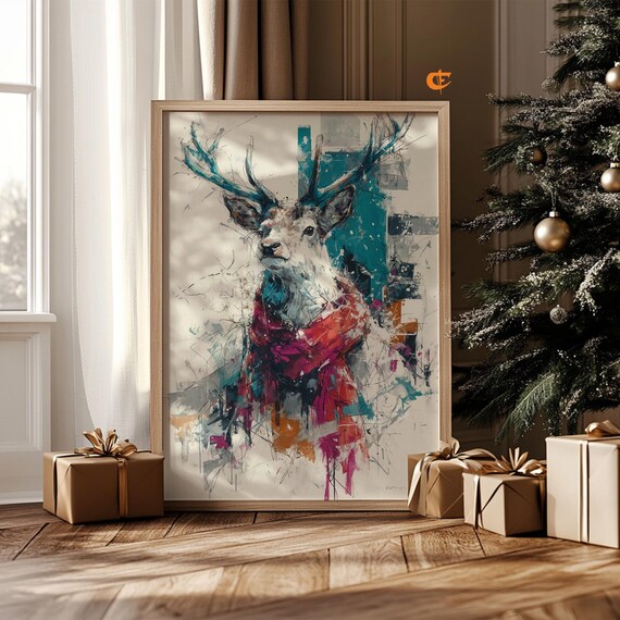 Christmas Stag Grunge Watercolor Rebellious Holiday Art Poster