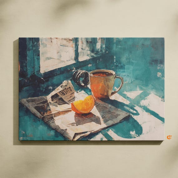Rustic Morning Still Life Art Coffee Mug Orange Newspaper Sunlit Table Earthy Vintage Wall Decor Oil Painting 745