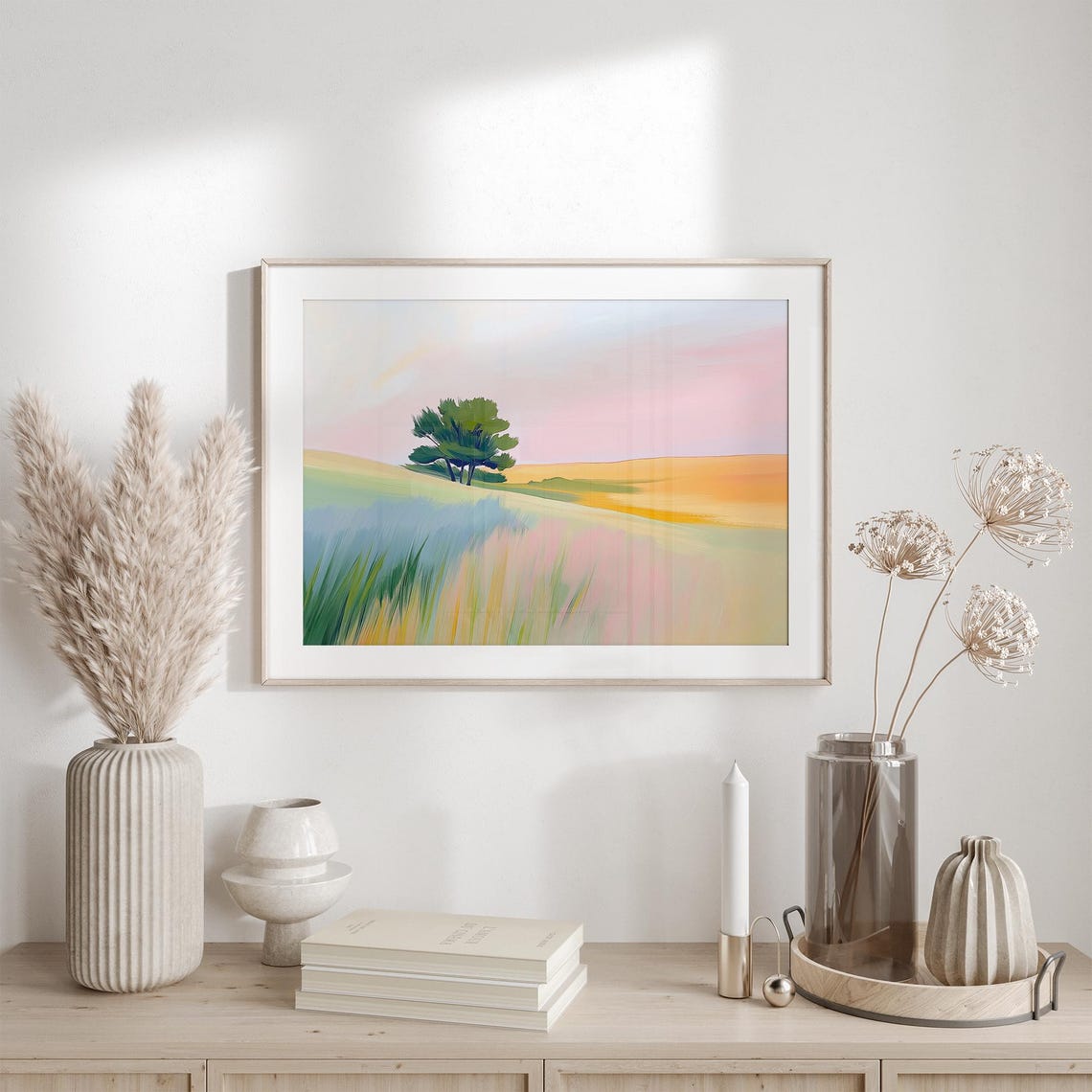 Lone Green Tree On Colorful Spring Meadow With Pink Sky Poster - Image 6