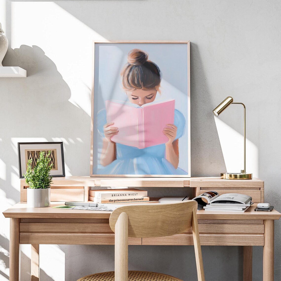 Girl With Top Bun Reading Pink Book Pastel Blue Nursery Poster - Image 3