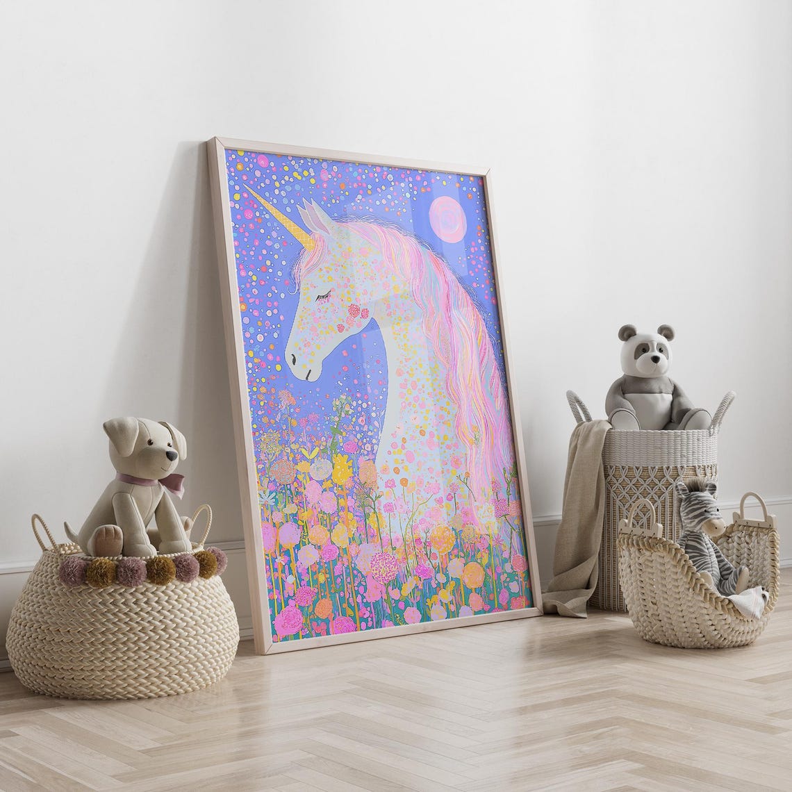 White Unicorn in Starry Night Flower Garden Pink Moon Fantasy Poster - Image 4