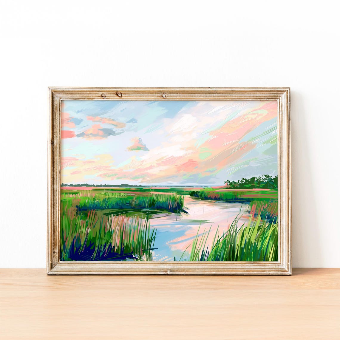 Lush Green Marsh Wetlands With Soft Pink Sky Reflections Poster - Image 2