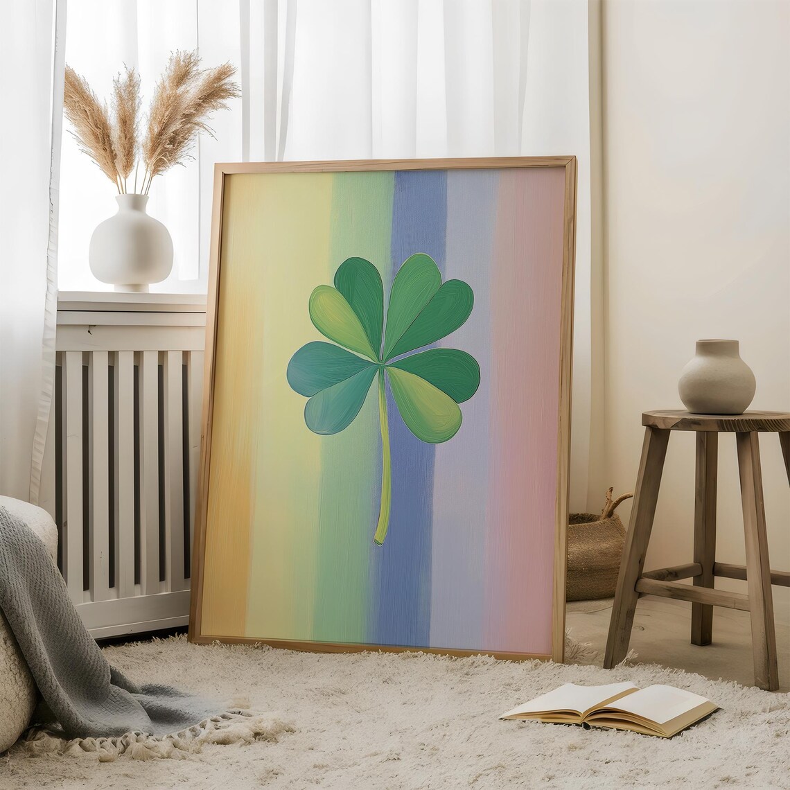 Green Shamrock On Pastel Rainbow Stripes Lucky Clover Poster - Image 5