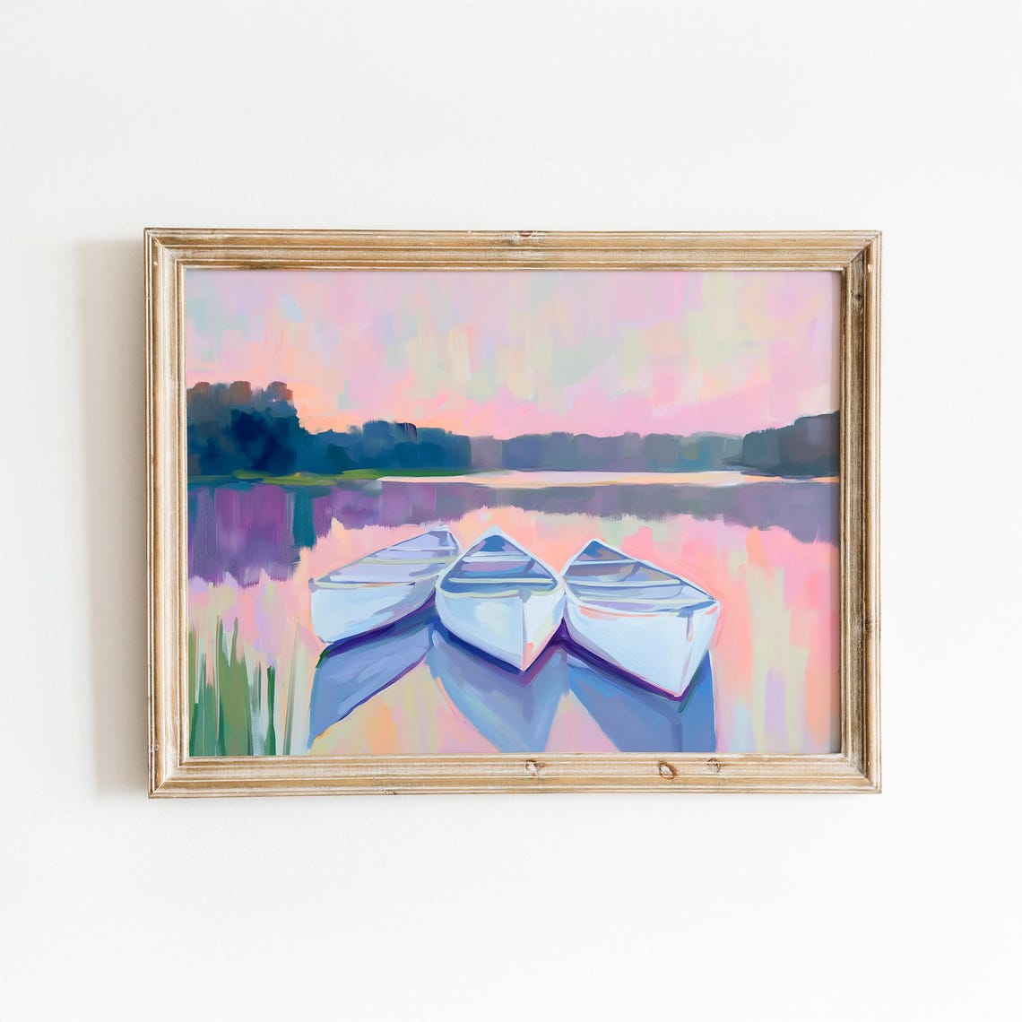 Three White Rowboats Resting On Pink Sunset Lake Boating Poster - Image 3