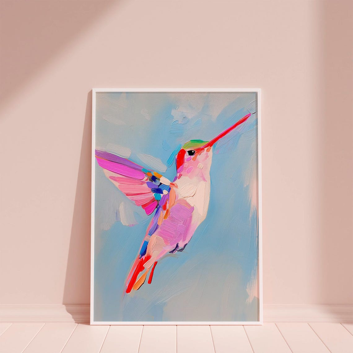 Rainbow Hummingbird in Flight Blue Sky Bird Lover Nature Poster - Image 6
