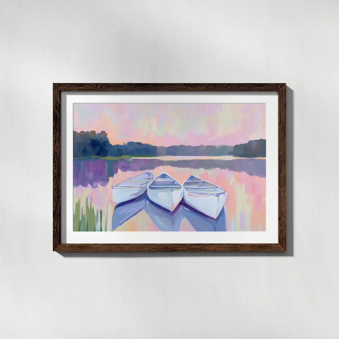 Three White Rowboats Resting On Pink Sunset Lake Boating Poster - Image 4