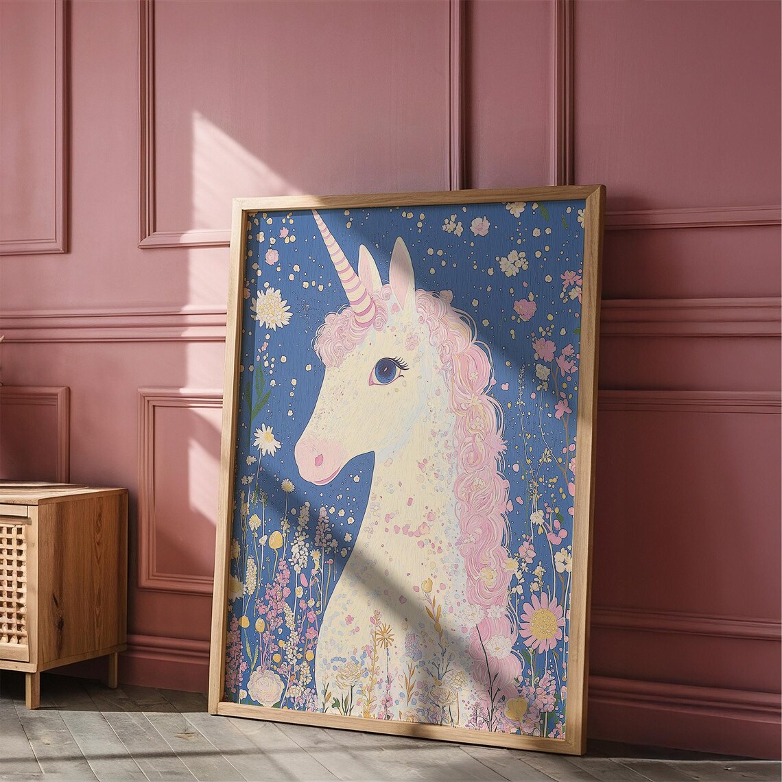 White Unicorn Portrait Pink Curly Mane Wildflower Fantasy Wall Art - Image 4
