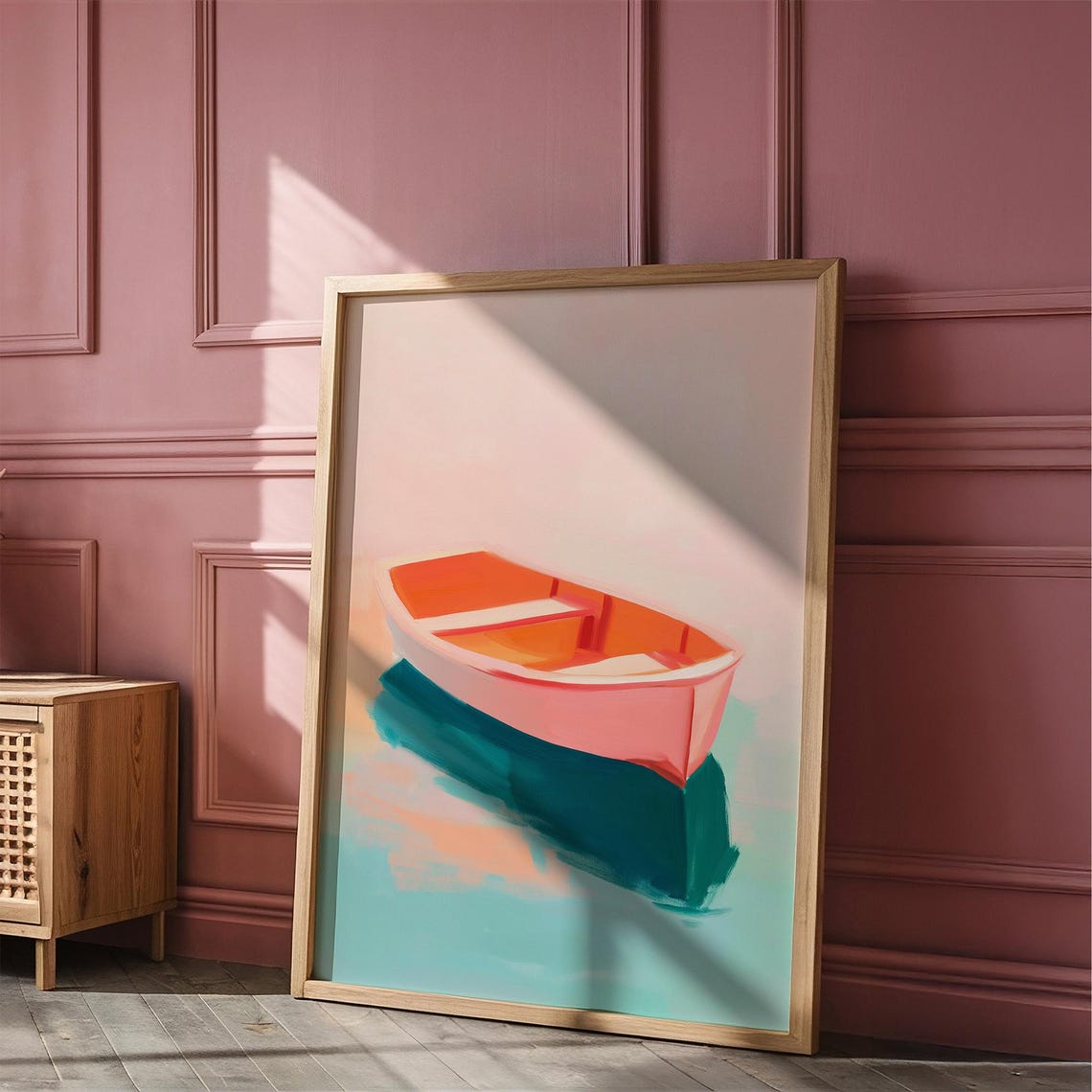 Pink Rowboat Floating on Turquoise Water Coastal Lake House Wall Art - Image 5