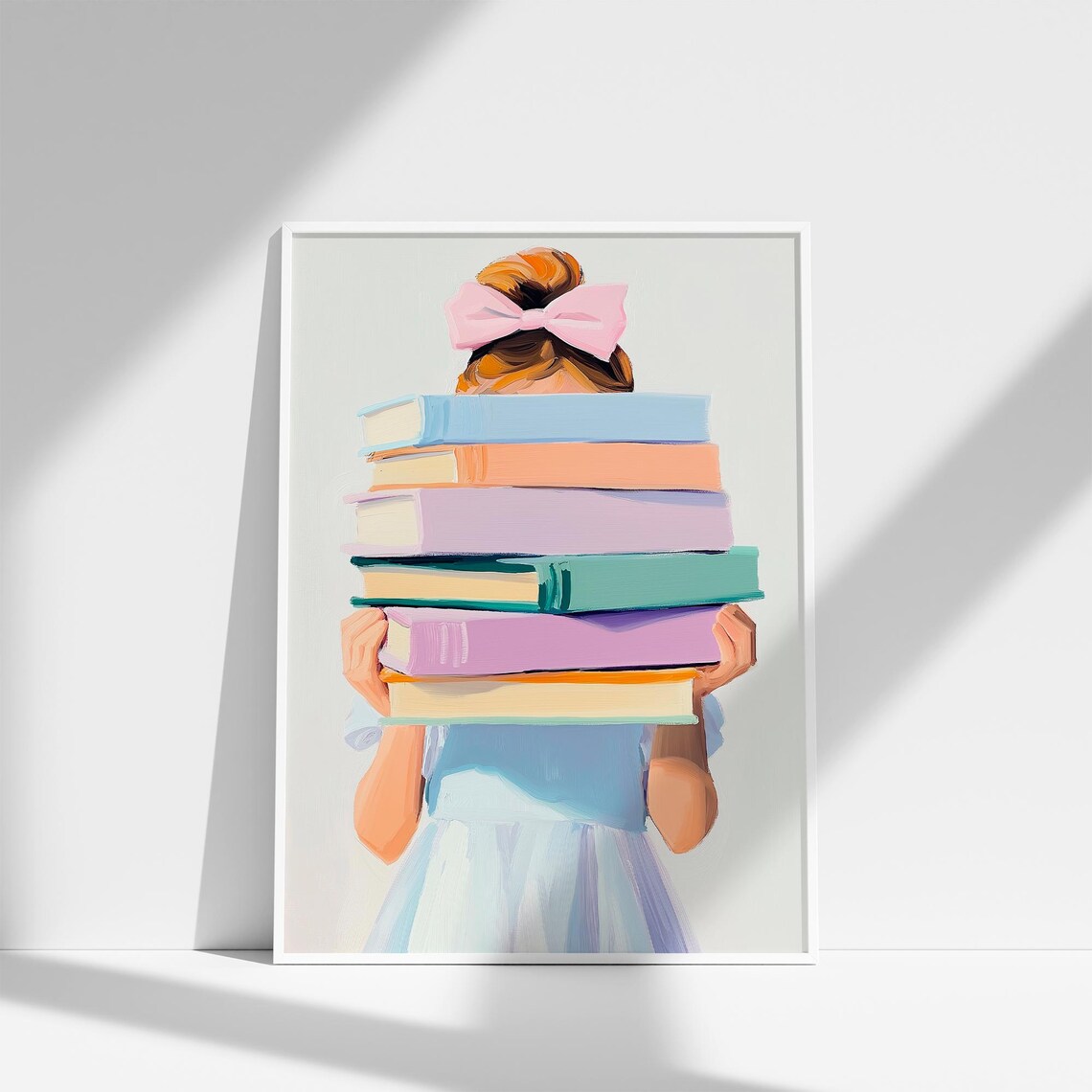 Little Girl Carrying a Tall Pastel Books Stack Kids Room Poster - Image 2