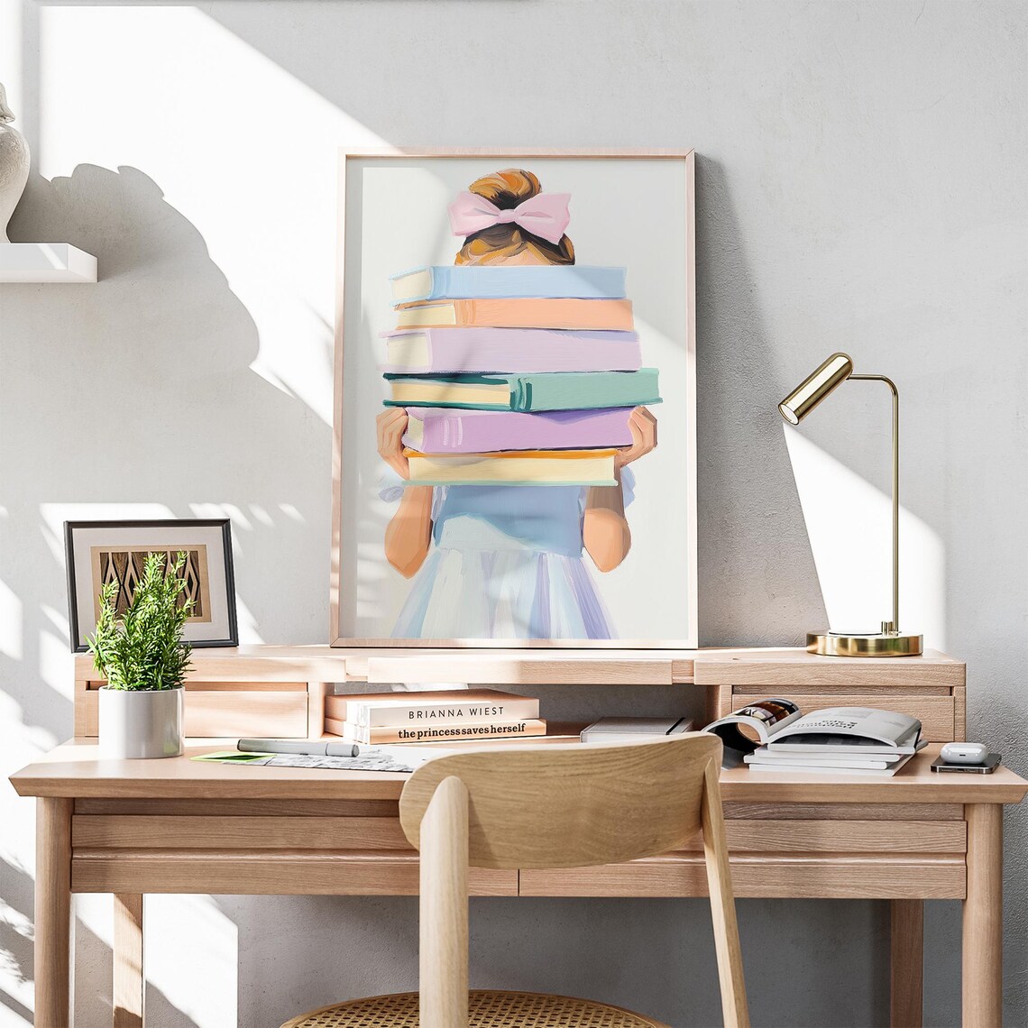 Little Girl Carrying a Tall Pastel Books Stack Kids Room Poster - Image 4