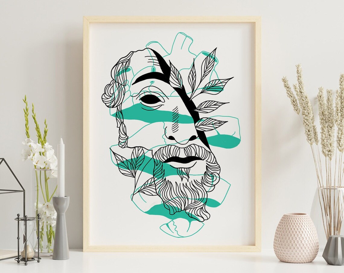 Wisdom Bearded Greek Statue Face Leaves Teal Line Art Poster