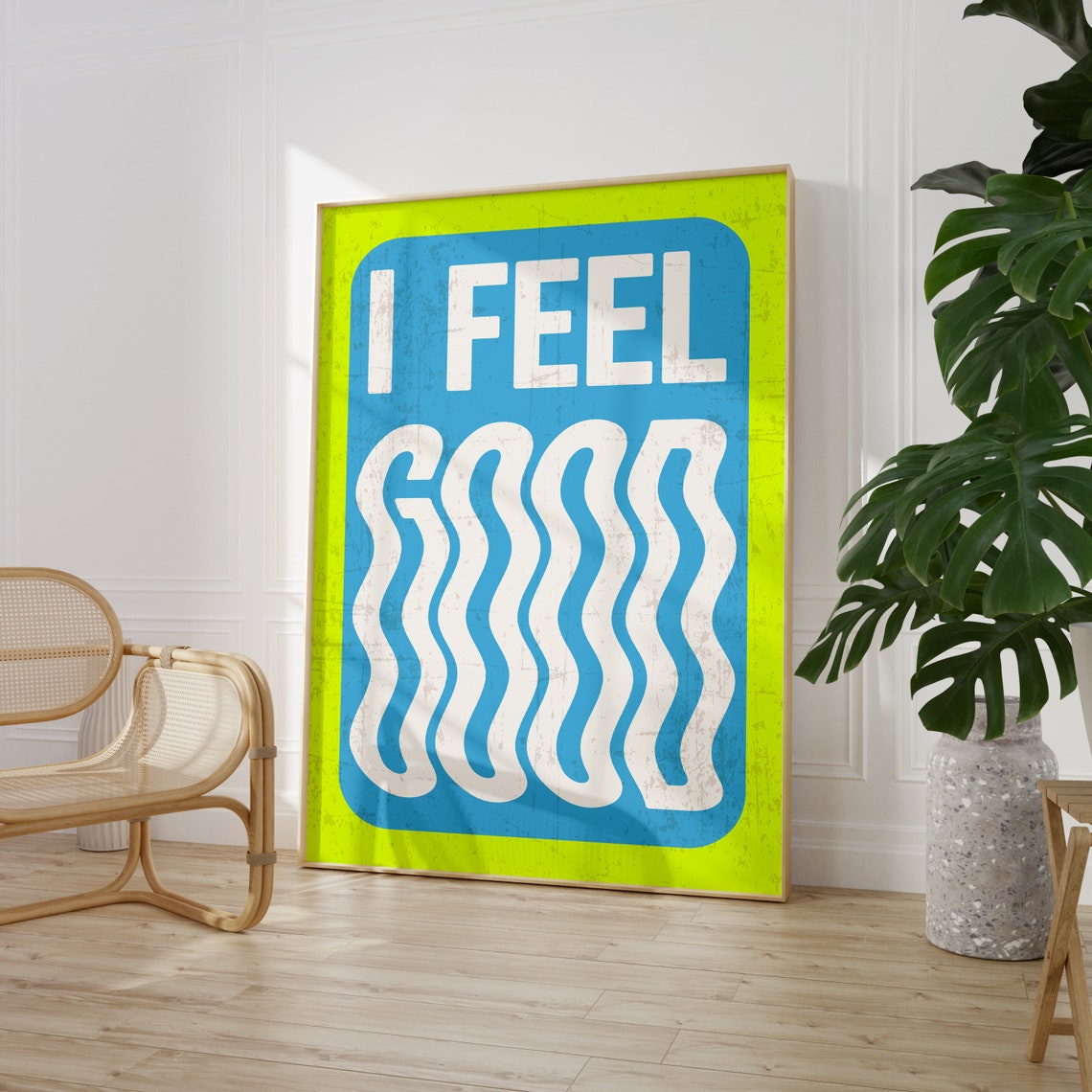 I Feel Good Wavy Letters Blue Green Retro Maximalist Quote Poster - Image 4
