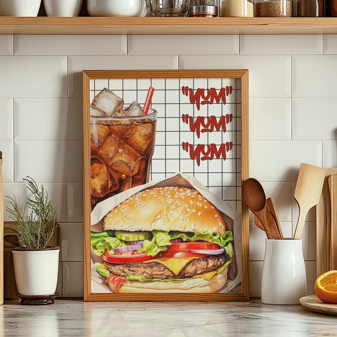 Yum Burger And Cola Retro Fast Food Diner Cheeseburger Art Poster