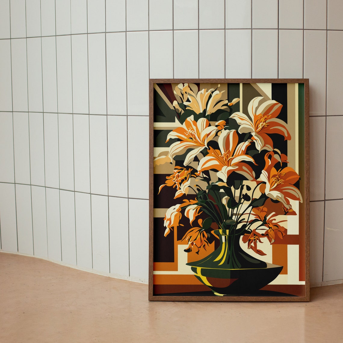 Golden Lilies In Dark Green Vase Art Deco Floral Illustration Poster - Image 2
