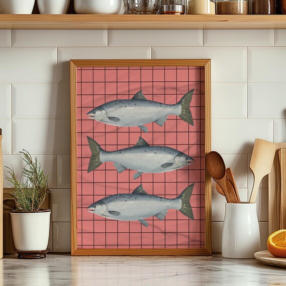 Three Silver Fish Pink Grid Kitchen Illustration Modern Seafood Art Print