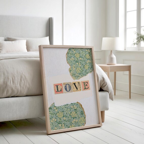 LOVE Vintage Stamp Letters Floral Collage Poster Romantic Decor Art