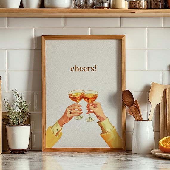Cheers Toast Coupe Cocktail Glasses Retro Hands Bar Cart Art Poster