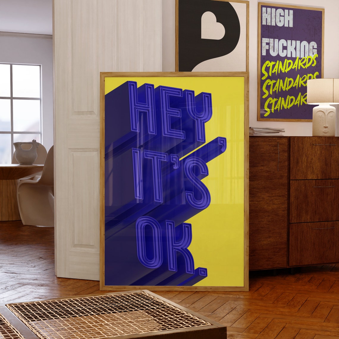 Hey It's Ok Bold Typography Blue Yellow Retro Statement Poster - Image 2
