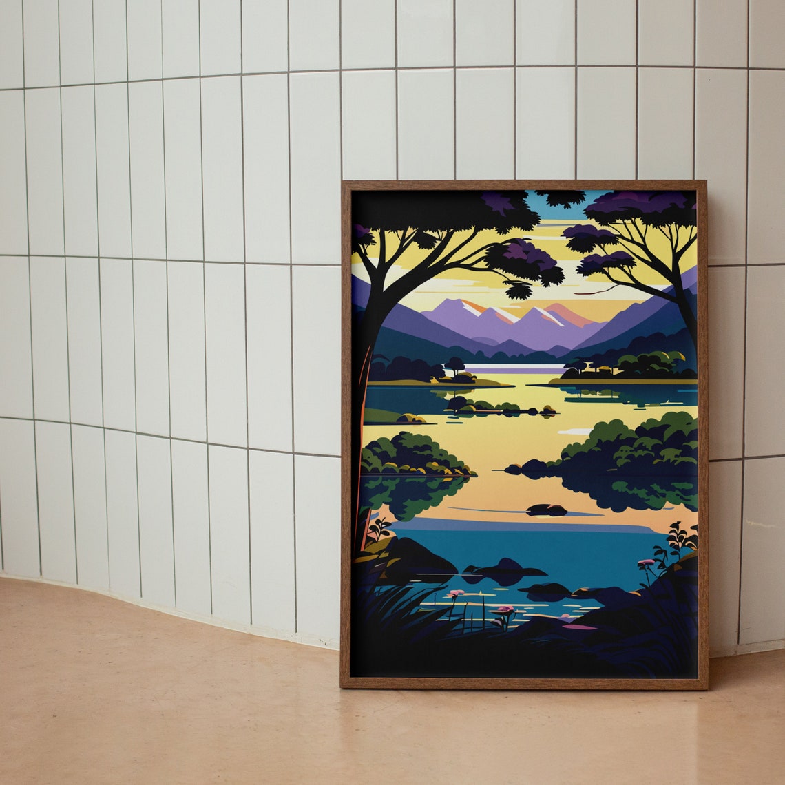 Peaceful Lakeside Sunset Mountains Lake Reflection Art Poster - Image 2